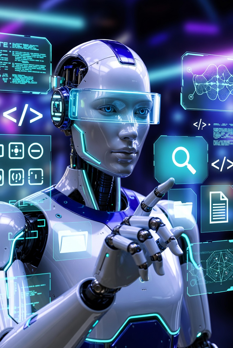 A clinical-looking AI figure operating floating tool windows — code, search, files.