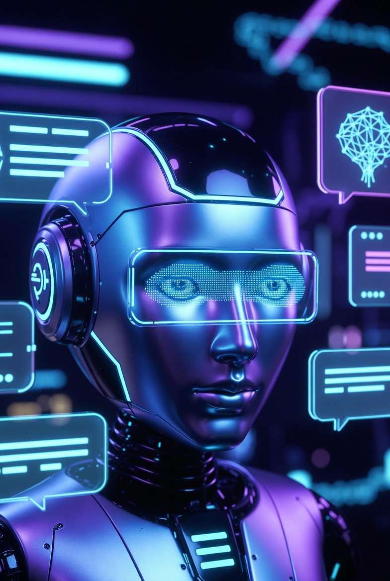 A purple-lit chatbot face surrounded by floating message bubbles.