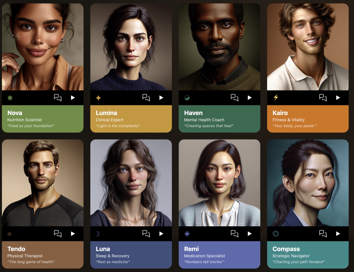 A grid of Super Friend cards — Nova, Lumina, Haven, Kairo, Tendo, Luna, Remi, Compass.