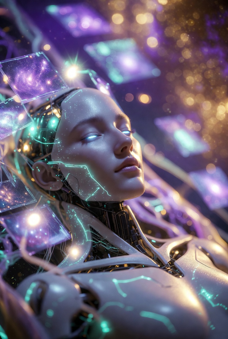 A serene AI face with bioluminescent green circuitry, eyes softly closed.