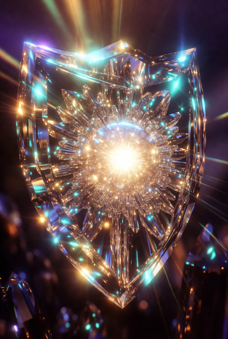 A crystalline shield, refracting light from a bright core.